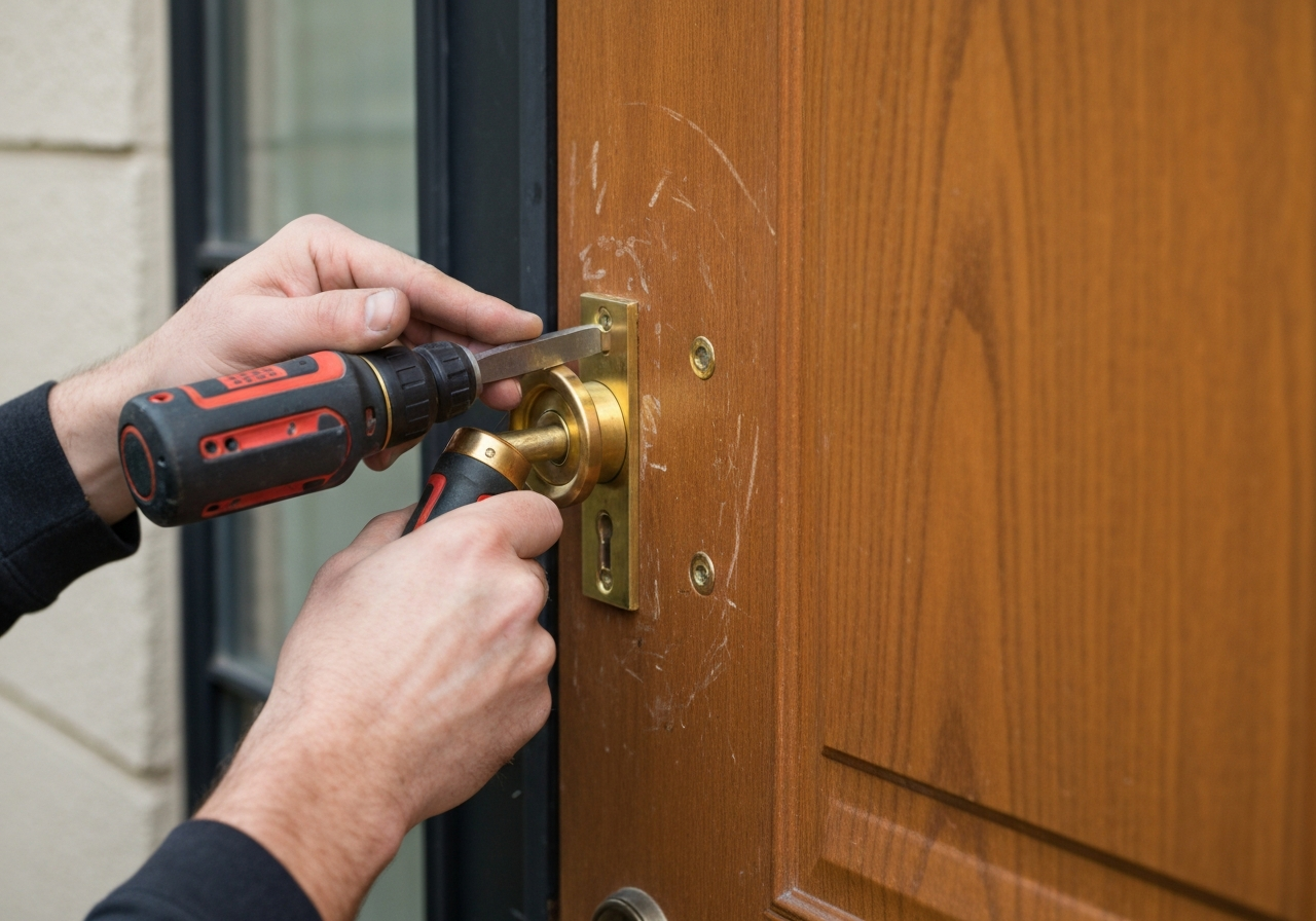 Locksmith installing lock on wooden door in Las Vegas, NV