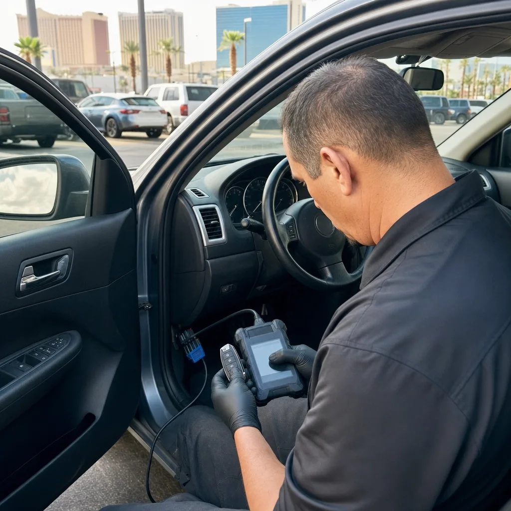 Automotive locksmith programming a car key fob with a diagnostic tool